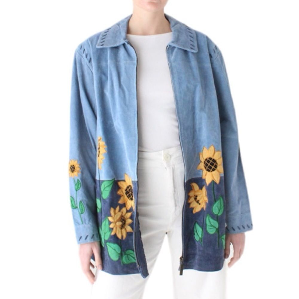 Quacker Factory blue suede Whipstitched Sunflower patchwork jacket - Picture 2 of 14